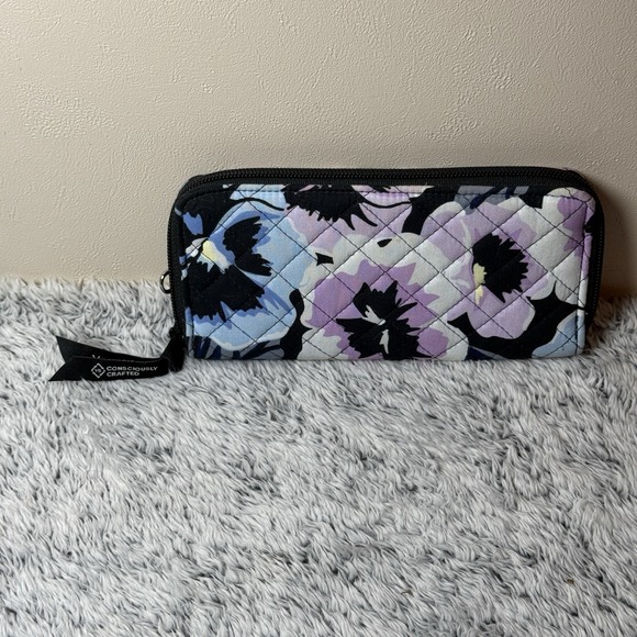 Vera Bradley Cotton Bifold Wallet in Floating Plum Pansies RFID Protected - Picture 2 of 10